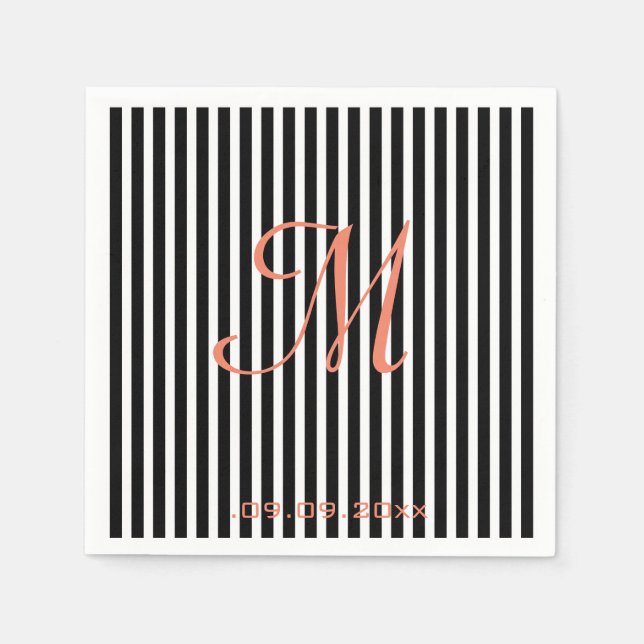 Monogram Stripes Black White Celebration Party Napkin (Front)