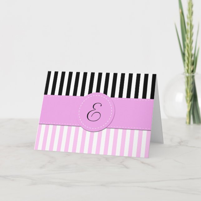 Monogram - Stripes, Parallel Lines - Pink White Note Card (Front)