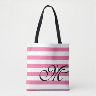 Monogram & Stripes Pink Tote Bag