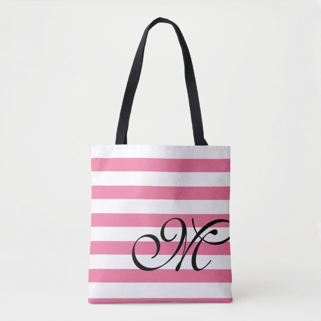 Monogram & Stripes Pink Tote Bag (Front)