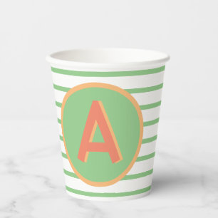 Monogram Stripes Retro Green Orange Birthday Party Paper Cups