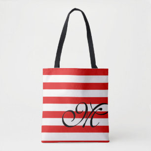 Monogram & Stripes Tote Bag- Red