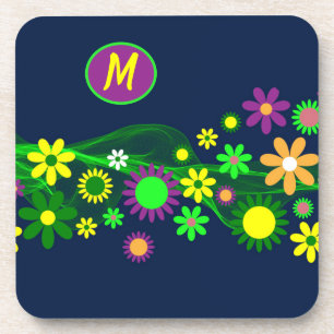 Monogram Stylish 60s Flower Design Coaster