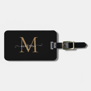 Monogram Stylish Black Gold Elegant Script Name Luggage Tag