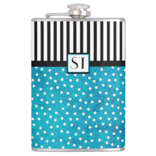 Monogram Stylish Blue Polka Dot Black Stripes Hip Flask
