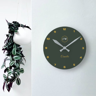 Monogram Stylish Gold & Forest Green Round Clock