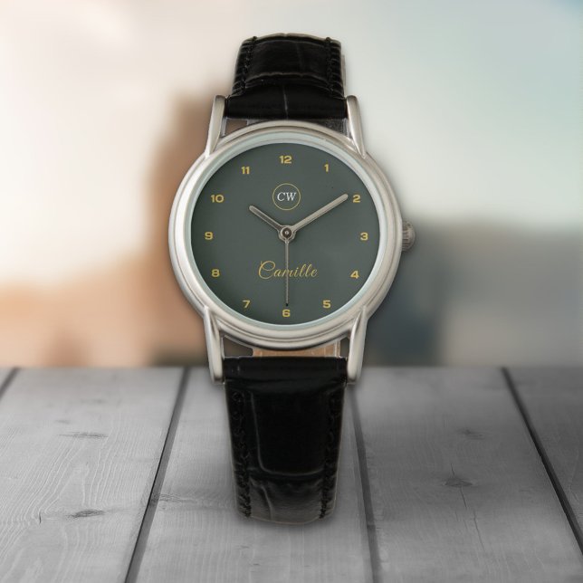 Monogram Stylish Gold & Forest Green  Watch (Monogram Stylish Gold & Forest Green Watch)