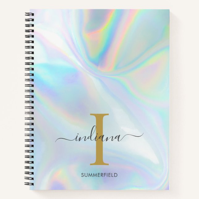 Monogram Stylish Holographic Custom Initial Name Notebook (Front)