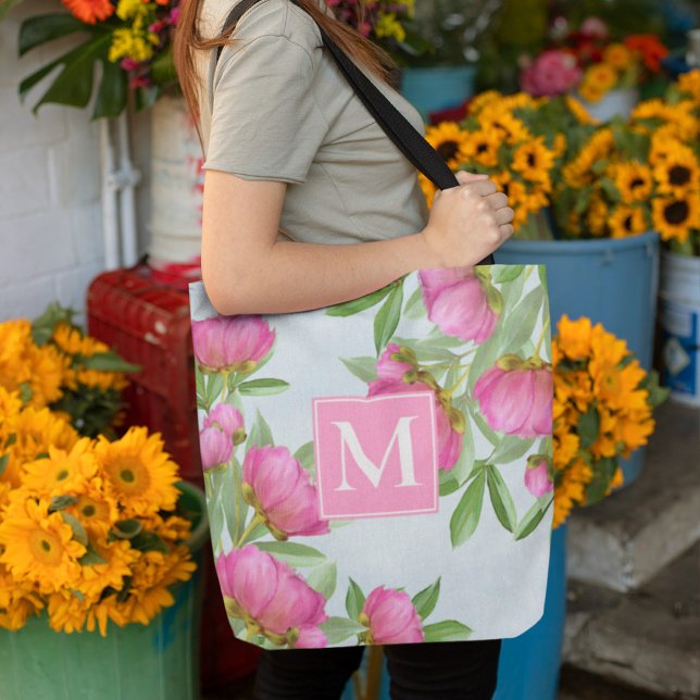Monogram Stylish Initial Pink Watercolor Flowers Tote Bag (Creator Uploaded)