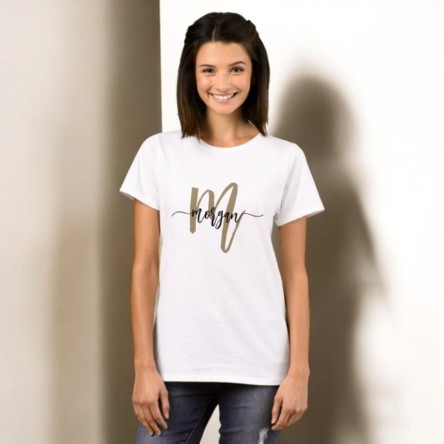 Monogram Stylish Modern Black Gold T-Shirt (Creator Uploaded)