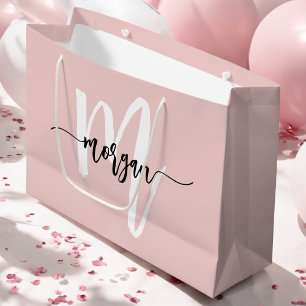 Monogram Stylish Modern Blush Pink Script Large Gift Bag