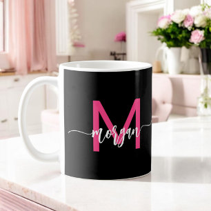 Monogram Stylish Modern Hot Pink Black Coffee Mug