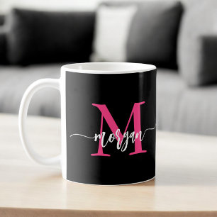 Monogram Stylish Modern Hot Pink Black Coffee Mug