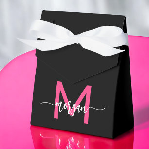 Monogram Stylish Modern Hot Pink Black Favour Box