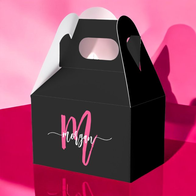 Monogram Stylish Modern Hot Pink Black Favour Box (Creator Uploaded)
