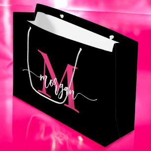 Monogram Stylish Modern Hot Pink Black Large Gift Bag