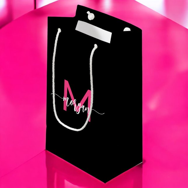 Monogram Stylish Modern Hot Pink Black Small Gift Bag (Creator Uploaded)