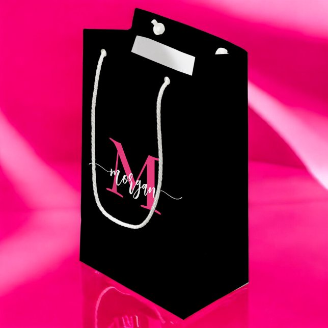 Monogram Stylish Modern Hot Pink Black Small Gift Bag (Creator Uploaded)