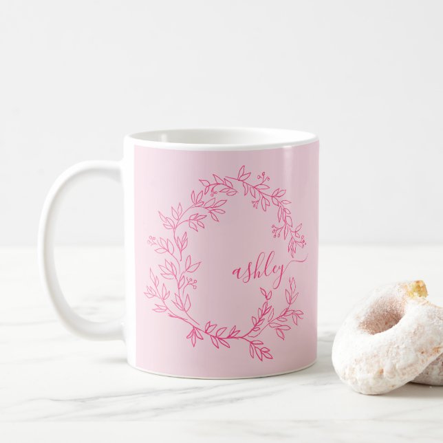 Monogram Stylish Modern Hot Pink Coffee Mug (With Donut)