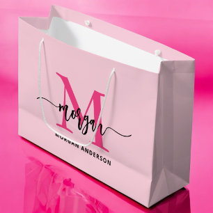 Monogram Stylish Modern Hot Pink Large Gift Bag