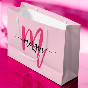 Monogram Stylish Modern Hot Pink Large Gift Bag