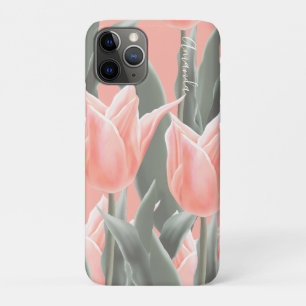 Monogram & Stylish Peach Tulips Flowers iPhone 11 Pro Case