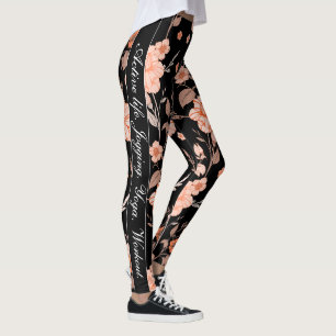 Monogram Stylish script at the sides Black floral Leggings
