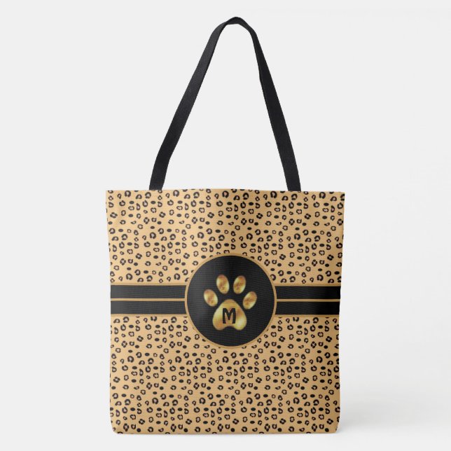 Monogram & Stylish Tiger Pattern & Paw Tote Bag (Front)