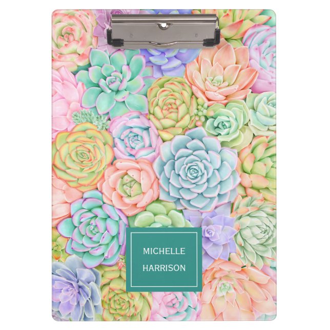 Monogram Succulents Watercolor Colourful Pastel Clipboard (Front)