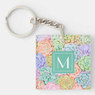 Monogram Succulents Watercolor Colourful Pastel Key Ring
