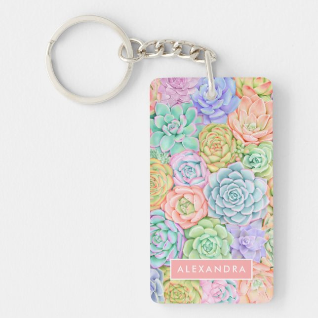 Monogram Succulents Watercolor Colourful Pastel Key Ring (Front)
