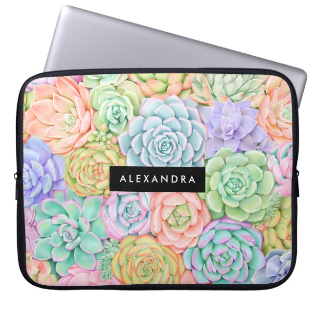 Monogram Succulents Watercolor Colourful Pastel Laptop Sleeve (Front)