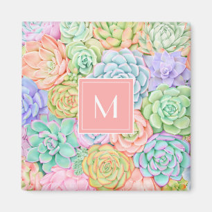 Monogram Succulents Watercolor Colourful Pastel Magnet