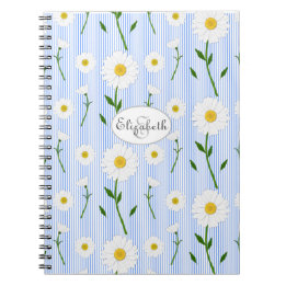 Monogram Summer Daisies Pattern Light Blue Stripe  Notebook