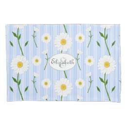 Monogram Summer Daisies Pattern Light Blue Stripe  Pillowcase