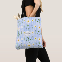 Monogram Summer Daisies Pattern Light Blue Stripe  Tote Bag