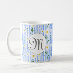 Monogram Summer Daisy floral Pattern Blue Stripe Coffee Mug