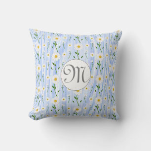 Monogram Summer Daisy Floral Pattern Blue Stripe Cushion
