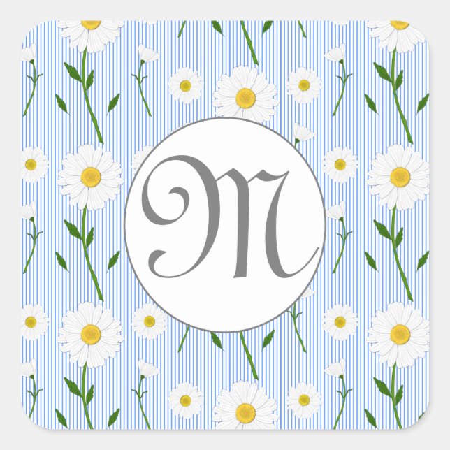 Monogram Summer Daisy floral Pattern Blue Stripe Square Sticker (Front)