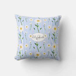 Monogram Summer Daisy Flower Pattern Blue Stripe  Cushion