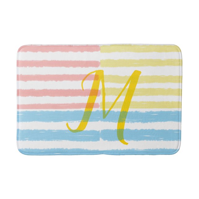 Monogram Summer Pink Blue Yellow Stripes Bath Mat (Front)