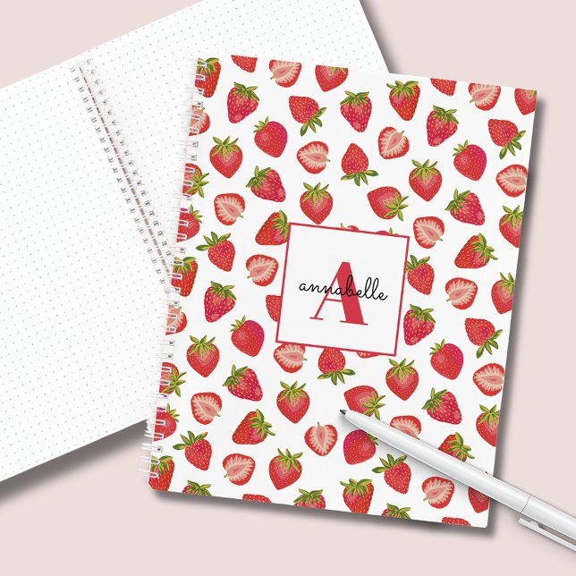 Monogram Summer Strawberry Personalised Notebook (Strawberry spiral notebook with monogram and first name.)