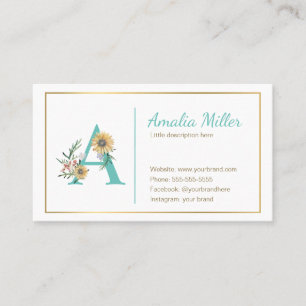 Monogram sunflower business card teal gold