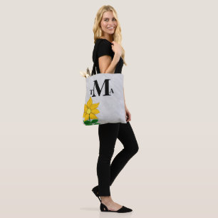Monogram Sunflower Charcoal Grey Watercolor Tote Bag