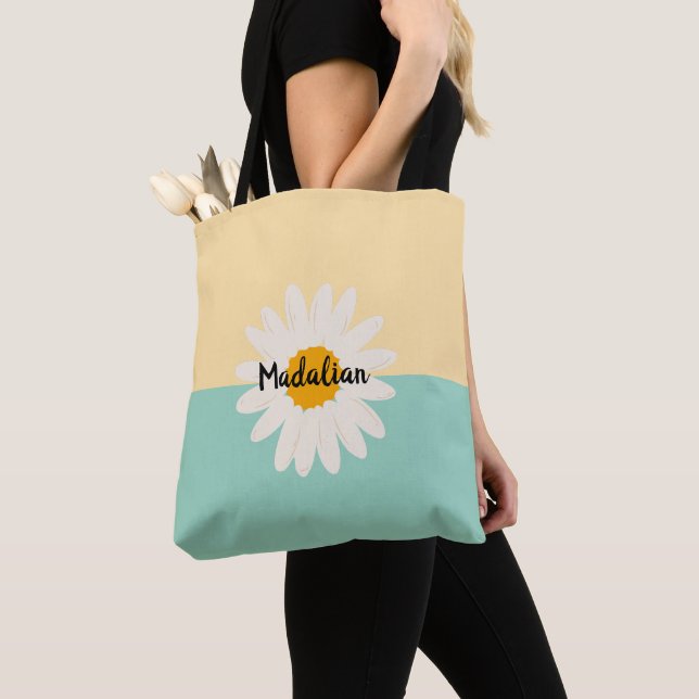 Monogram sunflower cute colour block blue Beige Tote Bag (Close Up)