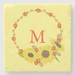 Monogram Sunflower design Stone Coaster