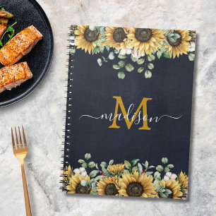 Monogram Sunflower Eucalyptus Floral Black Recipe  Notebook