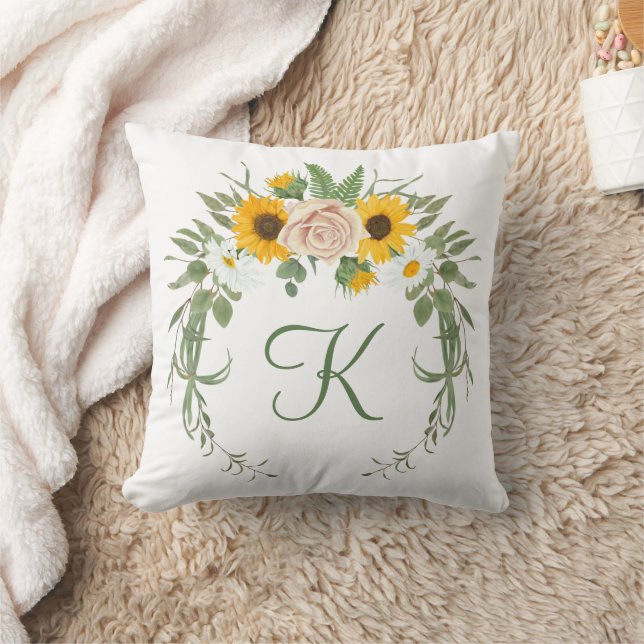 Monogram Sunflower Roses Greenery Floral Botanical Cushion (Blanket)