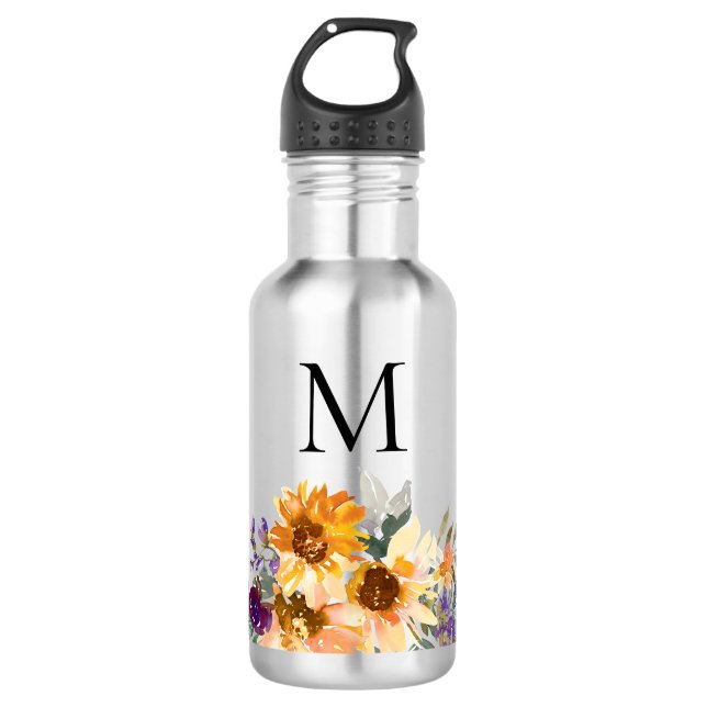 Monogram Sunflower Watercolor Floral  532 Ml Water Bottle (Front)