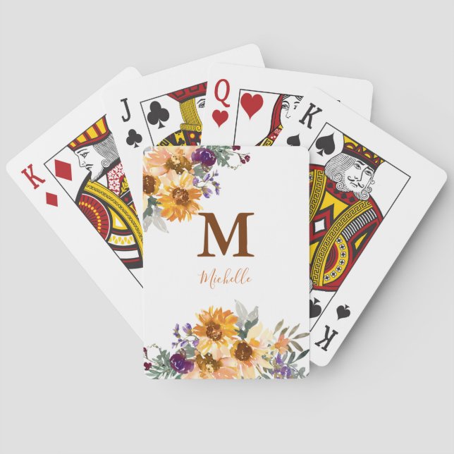 Monogram Sunflower Watercolor Floral  Playing Cards (Back)